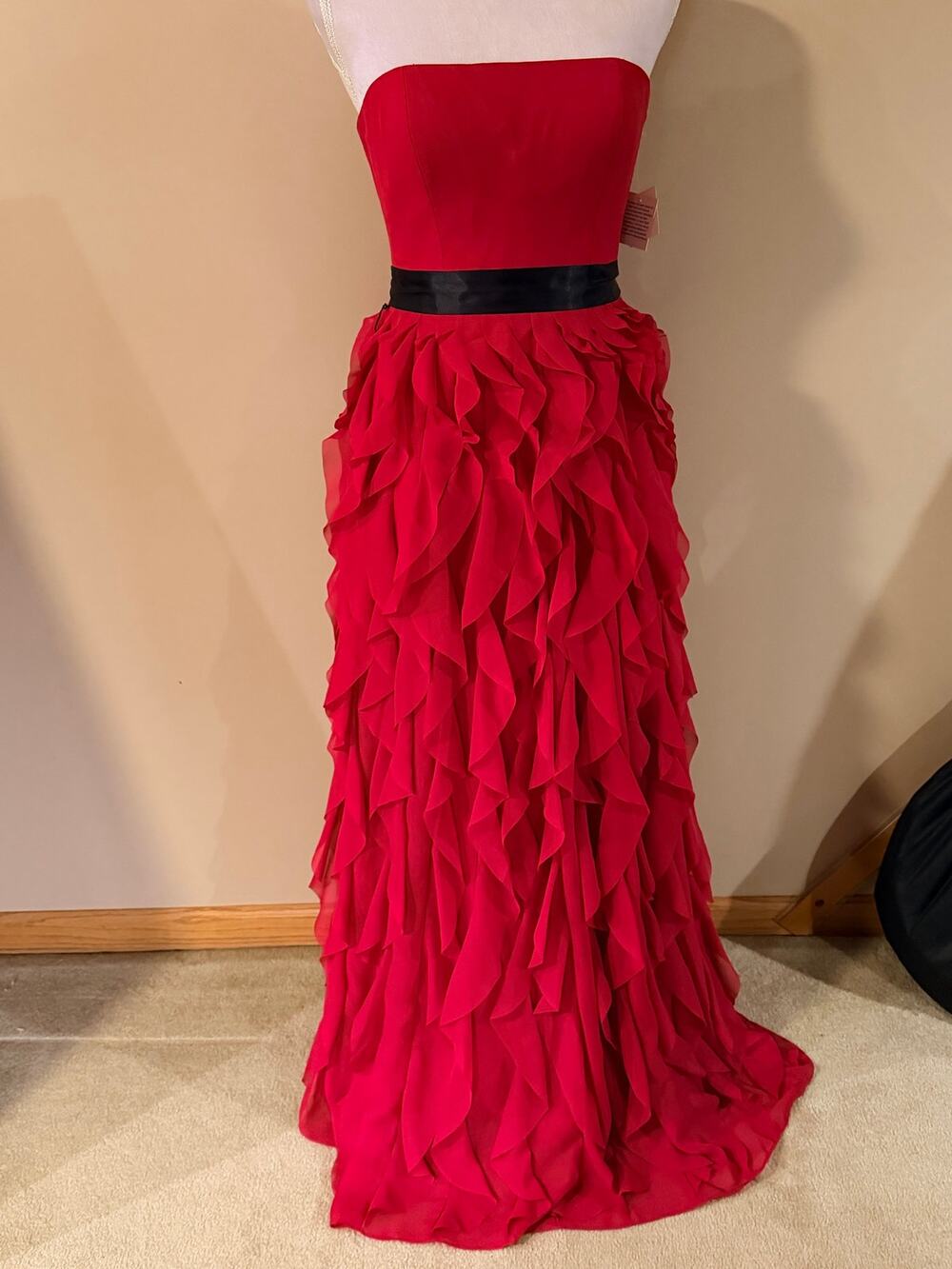 Aidan Mattox Red Strapless Chiffon Ruffle Long Evening Gown Dress SZ NWT